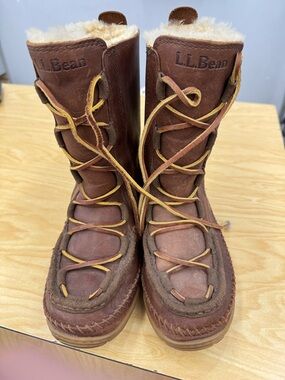 Women’s Wicked Good LL Bean Lodge Brown Leather Shearling Boots